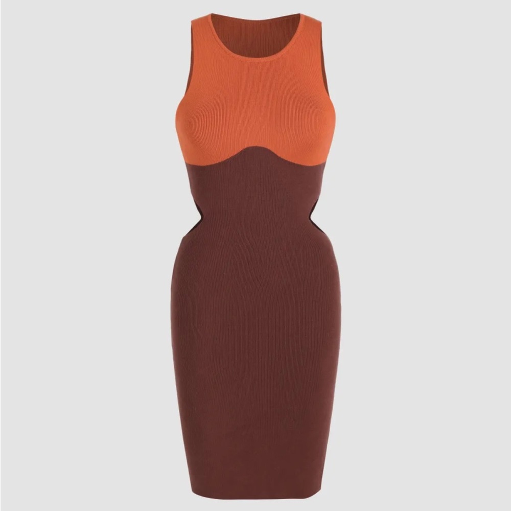 Elegant Orange and Brown Sleeveless Dress